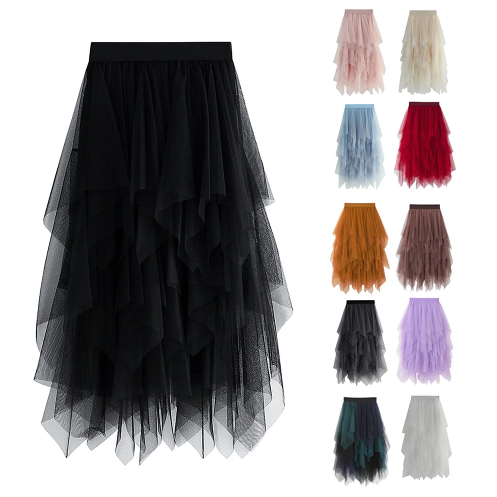 New Fairycore Lady ´s Fashionable Sexy Solid Color Mesh Skirt, Irregular Elastic Tulle Bubble Skirt, Daily Life and Vacation