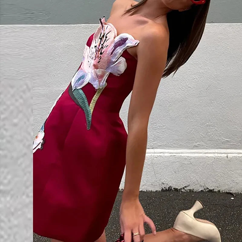 Flower Print Strapless Slim Fit Party Dress Sexy Strapless Design Women's A-line Dresses Summer Backless Bridesmaid Short Dress