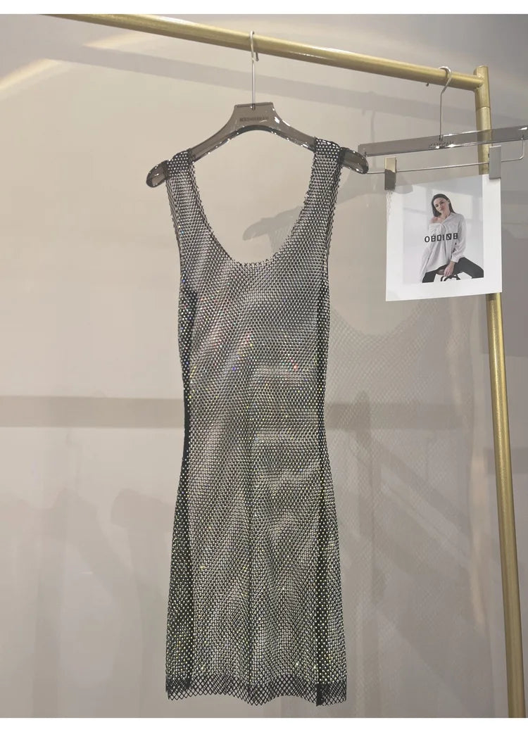 Sexy Sleeveless Skeleton Glitter Rhinestone Dress Fishing Net Mesh See Through Round Neck Midi Dress Party