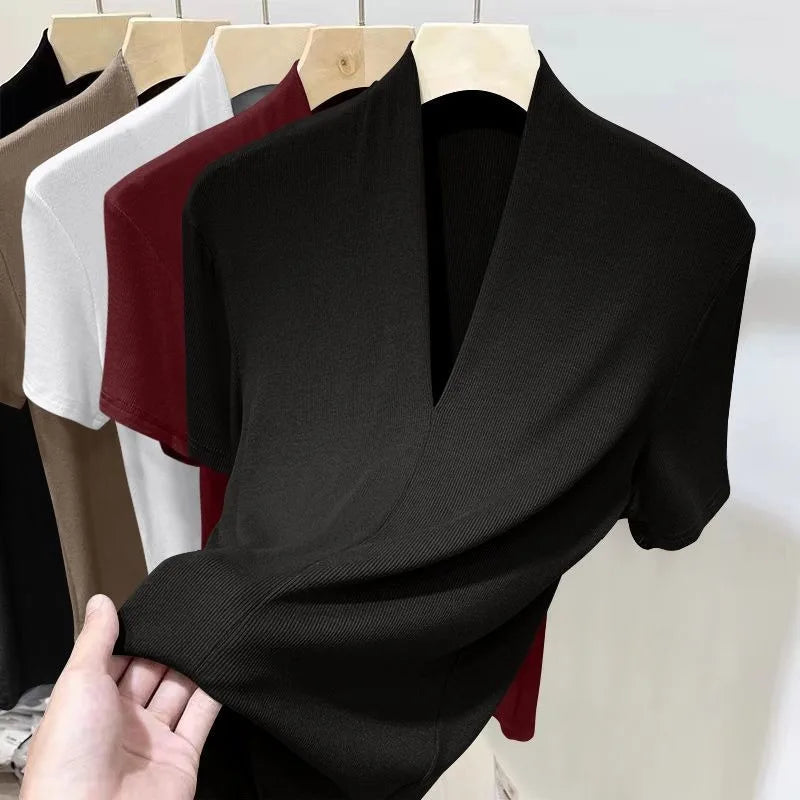 Threaded New Short Sleeved Top for Women Summer Fashion Versatile Base Shirt Plus Size Slim Fit V-neck T-shirt Casual and Sexy