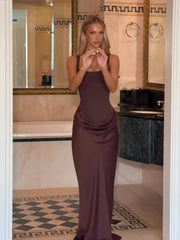 BROWN Pleated Sling MAXI Dress Women Square Neck Sleeveless Off-shoulder Waist Cinching Slim ROBE Fashion Evening Party Gowns