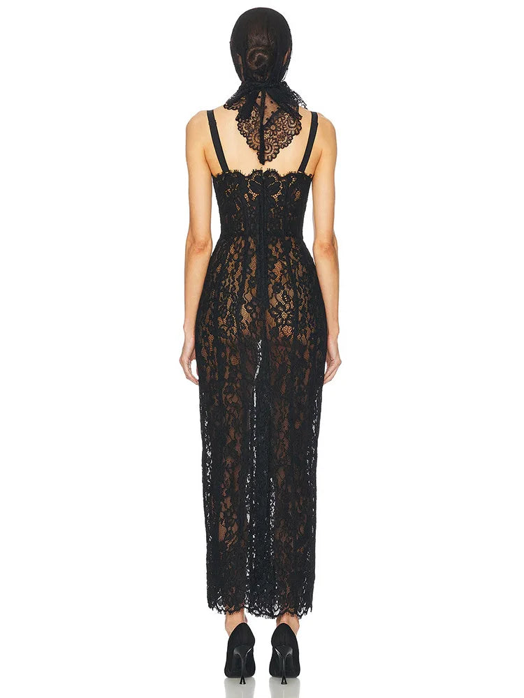 Sexy Spaghetti Strap V Neck Lace Long Dress Women Black Floral Lace Sleeveless Bodycon Dresses Elegant Evening Celebrity Party