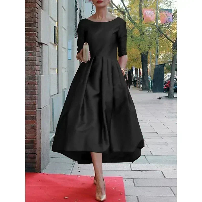 Women's A-Line Long Sleeve Dress 2026 Half Sleeves O-Neck Pleated Elegant Classical Evening Christmas Urban Lady Midi Dresses