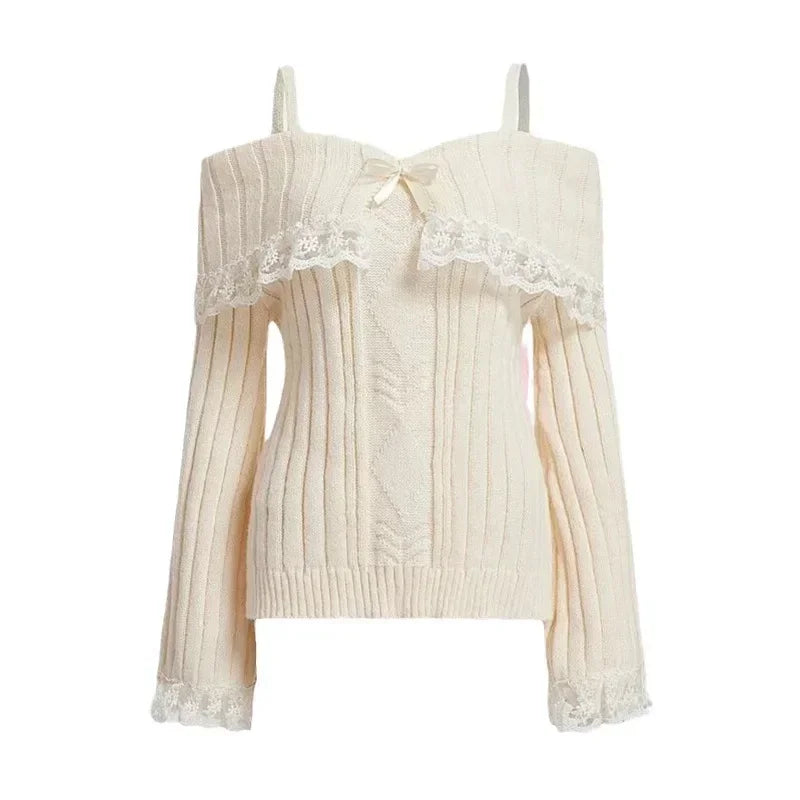 Women Off Shoulder Knit Sweater Pink Pullover Sweet Pullovers Long Sleeve Bow Lace Patchwork Jumpers Y2k Streetwear