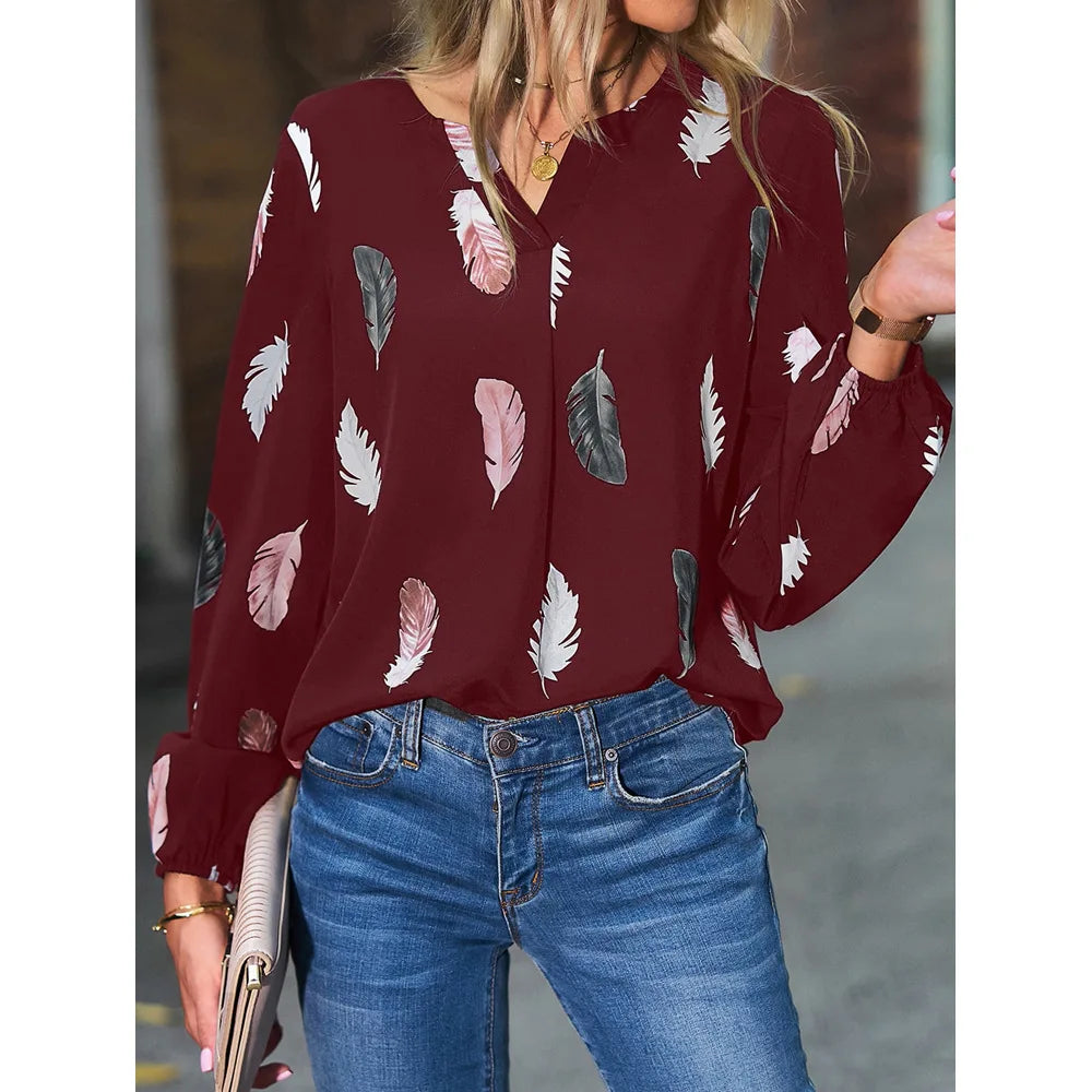 Temperament Elegant V-neck Feather Painting Printing Long Sleeve Loose T-shirt Flare Sleeve Women's Tops