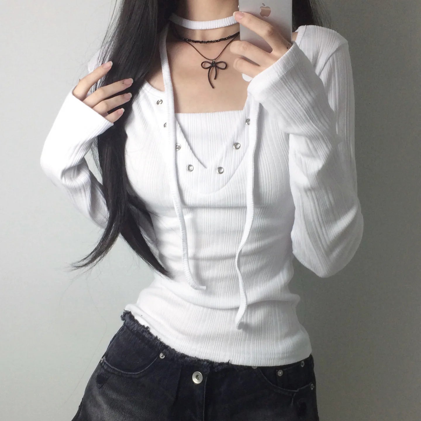 Women's Drawstring Grommet Long Sleeve T Shirt Minimalist Versatile Casual Basic Top With Adjustable Strap Design 2026