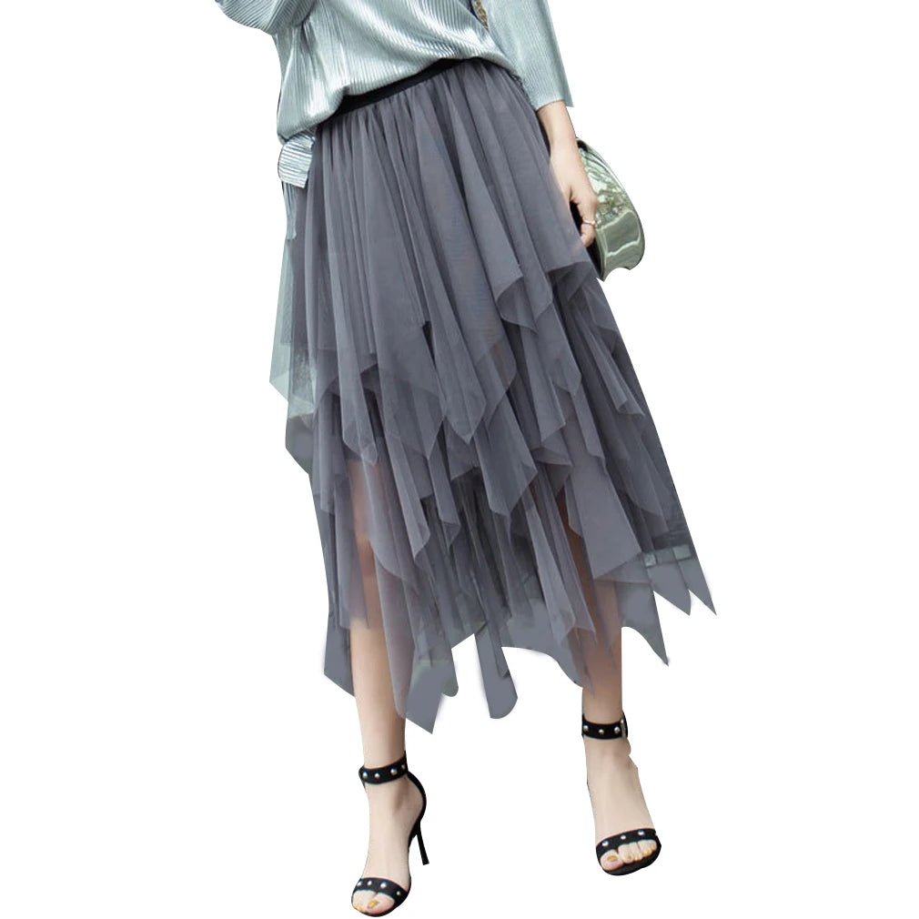 New Fairycore Lady ´s Fashionable Sexy Solid Color Mesh Skirt, Irregular Elastic Tulle Bubble Skirt, Daily Life and Vacation