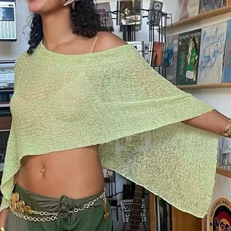 Combhasaki Women Knitwear Bikini Cover-up See-through Solid Off Shoulder Irregular Triangle Hem Loose Pullover Summer Beach Tops
