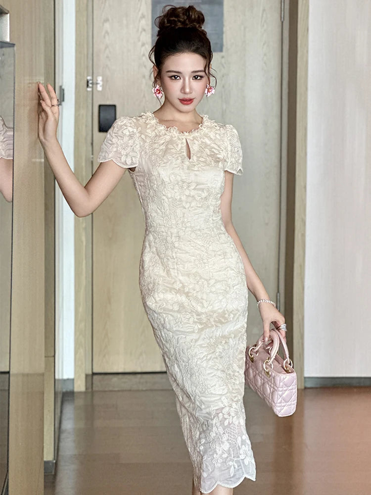 Elegant Romantic Midi Party Dress Women Sweet Floral Embroidery Hollow Out Slim Robe Female s Formal Gatherings Vestidos