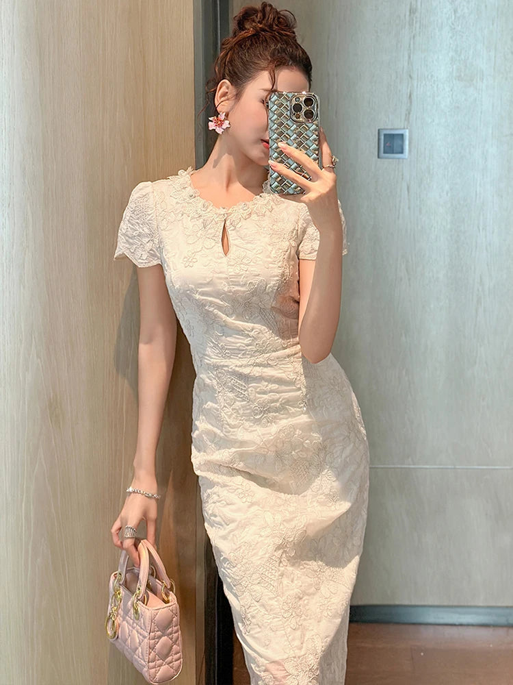 Elegant Romantic Midi Party Dress Women Sweet Floral Embroidery Hollow Out Slim Robe Female s Formal Gatherings Vestidos