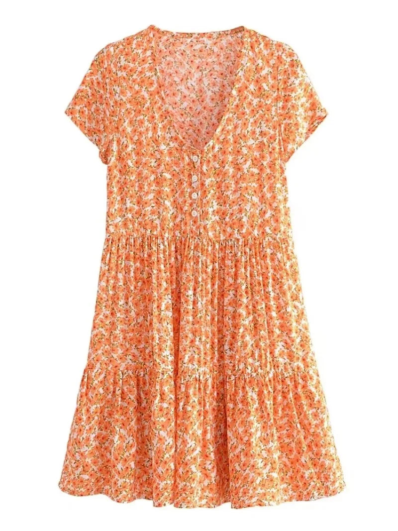 Vintage Chic Women Short Sleeve Floral Print Fashion Beach Bohemian Mini Dress Ladies V-neck Summer Rayon Cotton Boho Dresses