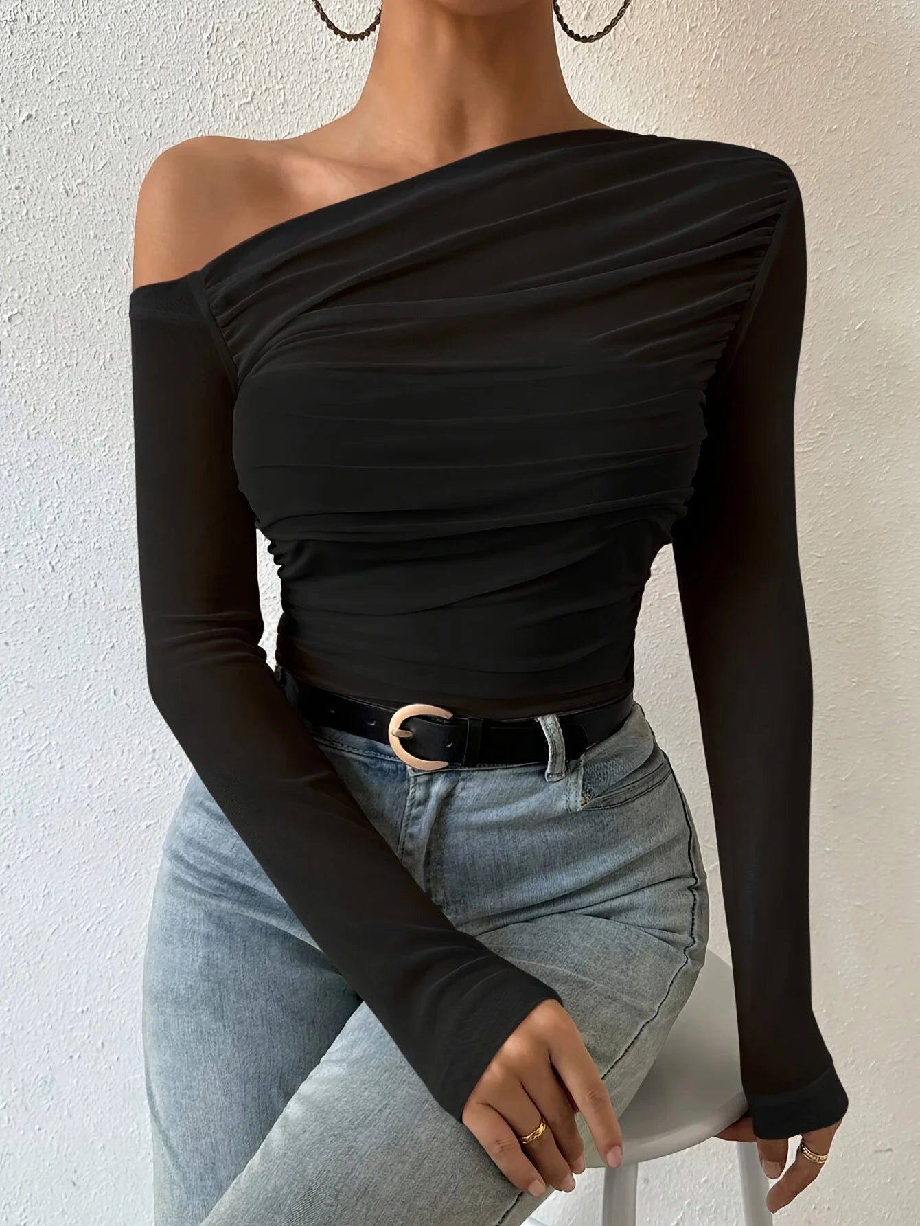 Fall Fashion Off The Shoulder Long Sleeve Shirts Crop Tops Slim Fit Blouses Y2K Clothing Streetwear