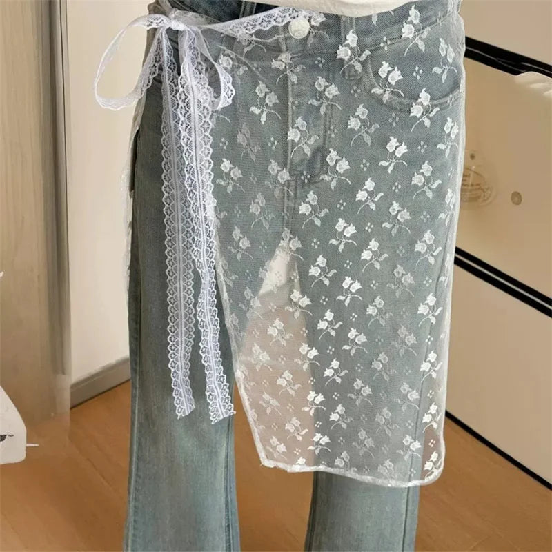 INS Blogger Lace Layered Gauze Skirt Y2k Streetwear Apron Wrap Skirt Lace Up Matching Pants Spicy Girl Stacked Y2k Wrap Skirt