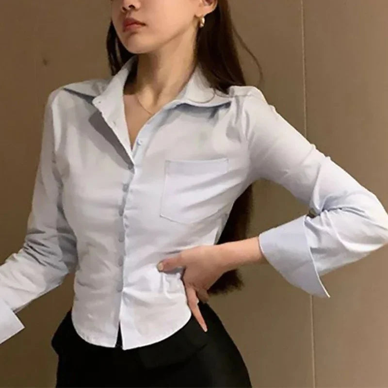 2026 Spring Commuter Long Sleeve New Female Crop Tops Korean White Office Women Chiffon Shirt Pocket Button Lapel Ladies Blouse