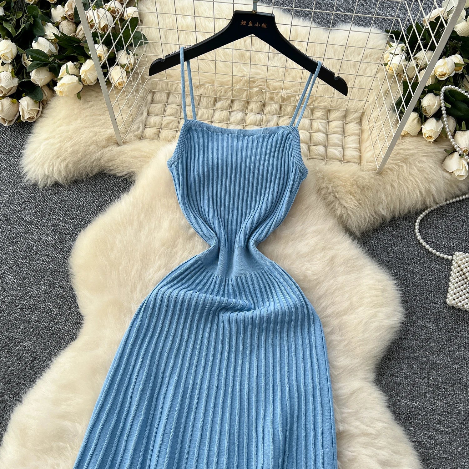 Knitted Pleated Long Dress High Waist Midi Sling Dress Elegant Sleeveless Yellow Dress Women Streetwear Black Bodycon Dress