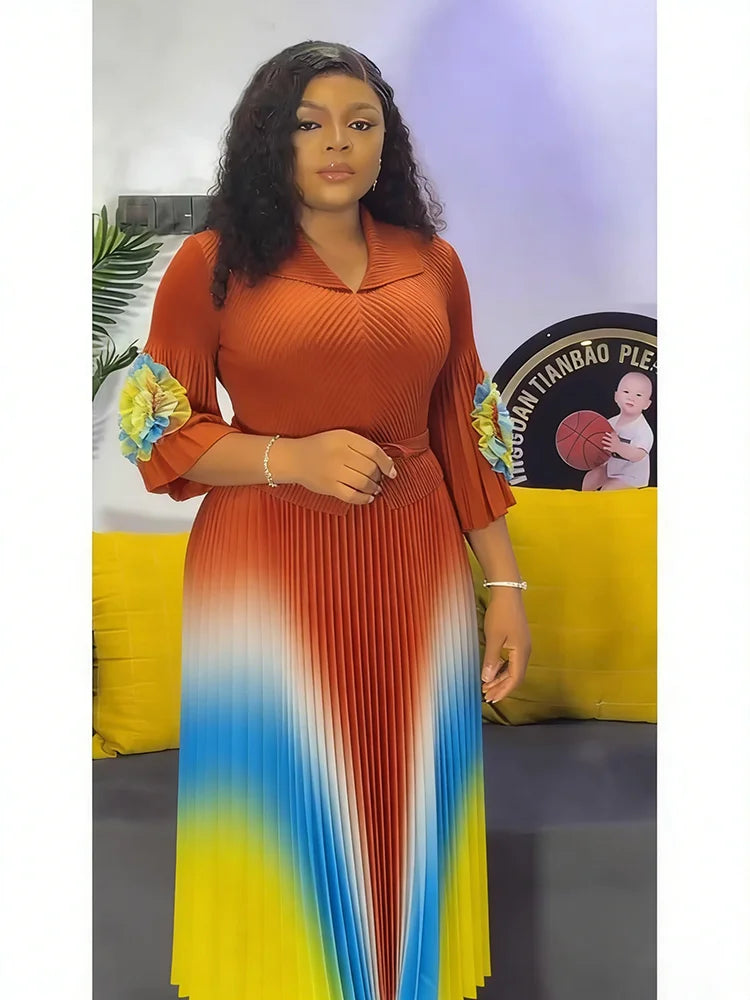 Lapel Lantern Sleeves Belt Waist Slimming Gradient Pleated A-line Skirt Elegant Women's Clothing 9R66