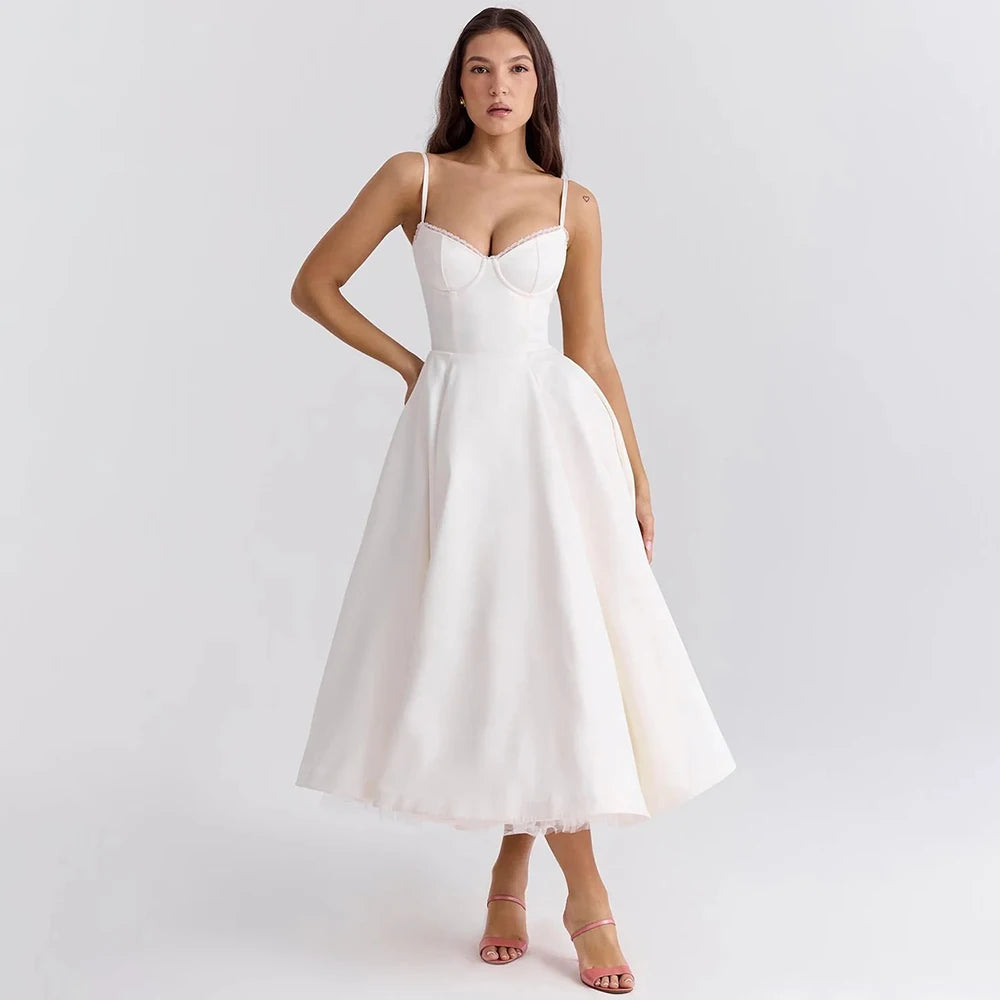 Women's Casual Spaghetti Strap A Line Flowy Midi Dresses Party Evening Gown Backless Elegant Wedding Guest Dress with Pockets