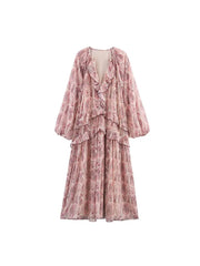 MIDI Dress Vintage Print Chiffon V-Neck Cascading Ruffle Long Sleeve Female Elegant Street Dresses Clothing