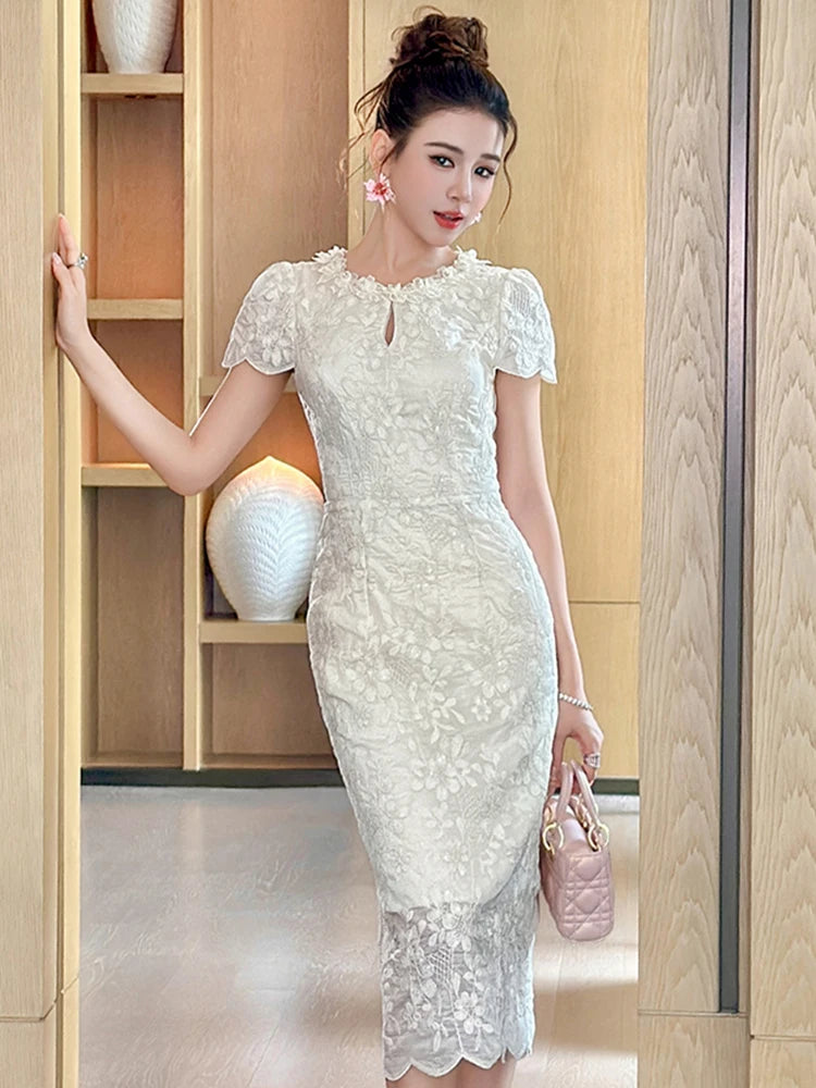 Elegant Romantic Midi Party Dress Women Sweet Floral Embroidery Hollow Out Slim Robe Female s Formal Gatherings Vestidos