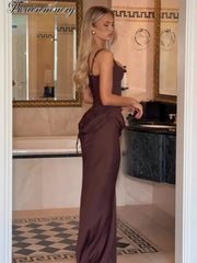 BROWN Pleated Sling MAXI Dress Women Square Neck Sleeveless Off-shoulder Waist Cinching Slim ROBE Fashion Evening Party Gowns