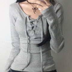 Women's Drawstring Grommet Long Sleeve T Shirt Minimalist Versatile Casual Basic Top With Adjustable Strap Design 2026