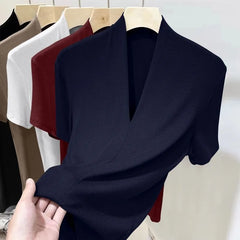 Threaded New Short Sleeved Top for Women Summer Fashion Versatile Base Shirt Plus Size Slim Fit V-neck T-shirt Casual and Sexy