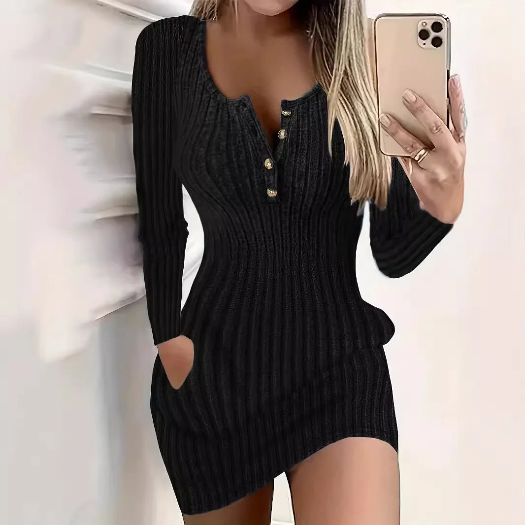 Fashion Long Sleeve Buttons Bodycon Dress Women Autumn Winter Knitted Ribbed Slim Sweater Sexy Mini Dresses For Women Robe Femme