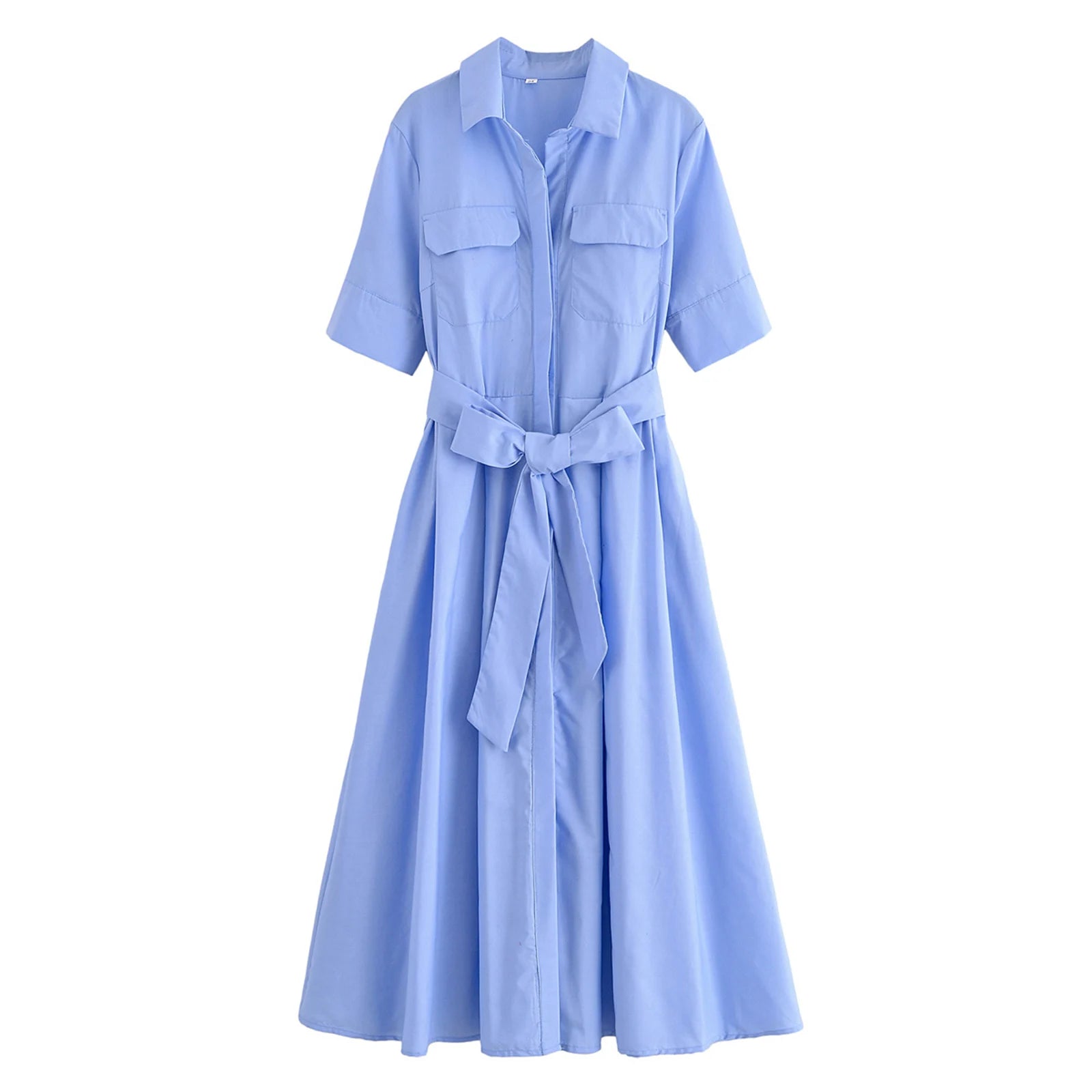 Women Summer Lapel Short Sleeve Pocket Single-Breasted Belt Decorate Midi Dress Female Fashion Shirt Style Pleated Dress