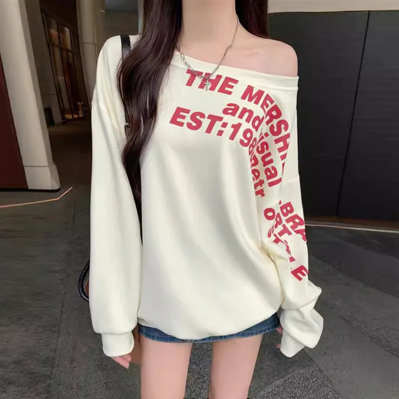 Sexy Oversize T shirt Women Streetwear Letter Print Skew Collar Off Shoulder Long sleeve Basic Top Korean Fashion Loose T-shirt
