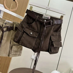 Loose Retro Streetwear Work Skirt Short Pants High Waist Slimming Sexy Early Autumn New Style Pure Color Cotton Denim Skirt