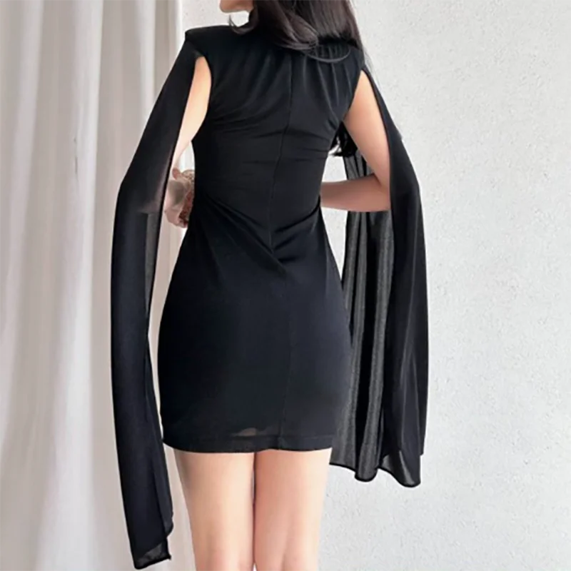 Temperament High Waist Wrap Hips Dress Spring Summer New O-neck Party Short Dresses Vintage Solid Velvet Cloak Sleeve Mini Dress