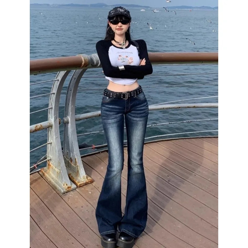 Y2K Slim Fit High Waist Casual Womens Jeans Retro Denim Pants Low Rise Flared Trousers Long Bootcut Drag Autumn for Women