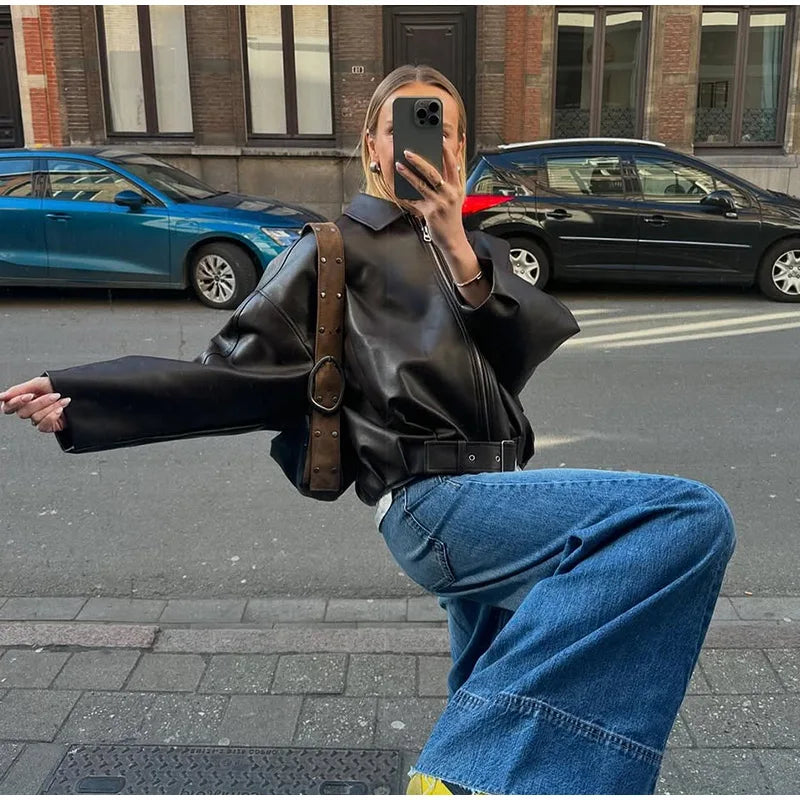 Vintage PU Leather Bomber Jackets  New Ladies Zipper Lapel Long Sleeve Pocket Coat With Belt Women's Loose Streetwear