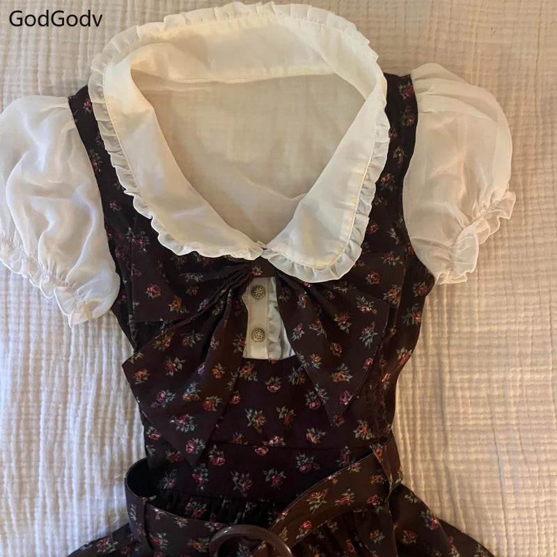 Spring Sweet Vintage Elegant Woman Dress Y2k Puff Sleeve High Waist Fake 2 Piece Mini Dress Female Doll Collar Chic Outfits