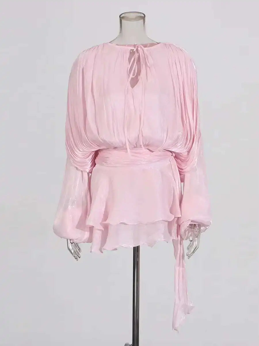 Solid Blouse Mini Dresses For Women V Neck Long Sleeve Spliced Lace Up Sweet Style Dress Female Clothing Fashion