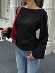 Women's Casual Solid Color Boat Neck Flare Sleeve T-Shirt Elegant Back Tie Slim Fit Long Sleeve Tops Spring/Fall