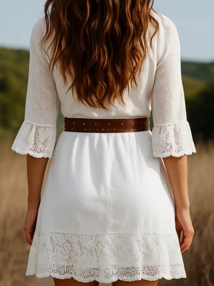 Women's Boho Lace Dress Deep V Neck Flare Sleeve Ruffle Hem Mini Dress Vintage Country Concert Festival Beach Party Dresses