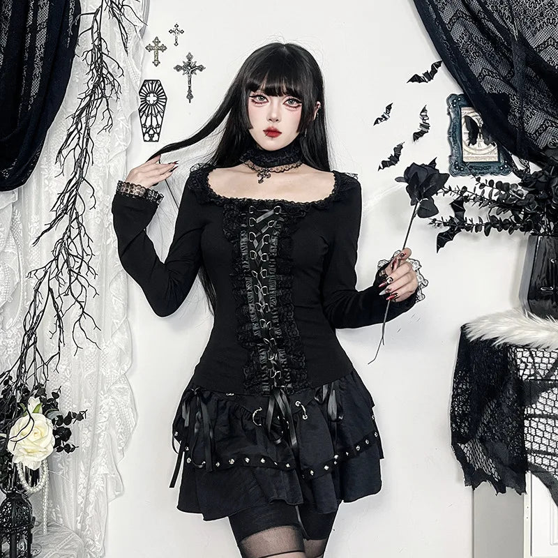 Gothic Lace Trim Long Sleeve Top