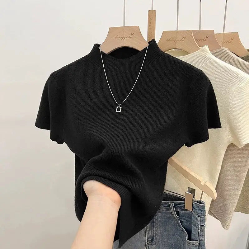 2026 Basic Turtleneck Solid Thin Summer Pullover Women Female Knitted Sweater Slim Short Sleeve Bodycon Sweater