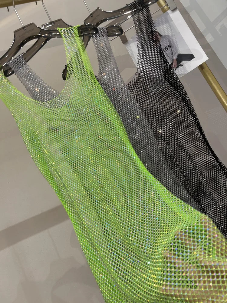 Sexy Sleeveless Skeleton Glitter Rhinestone Dress Fishing Net Mesh See Through Round Neck Midi Dress Party