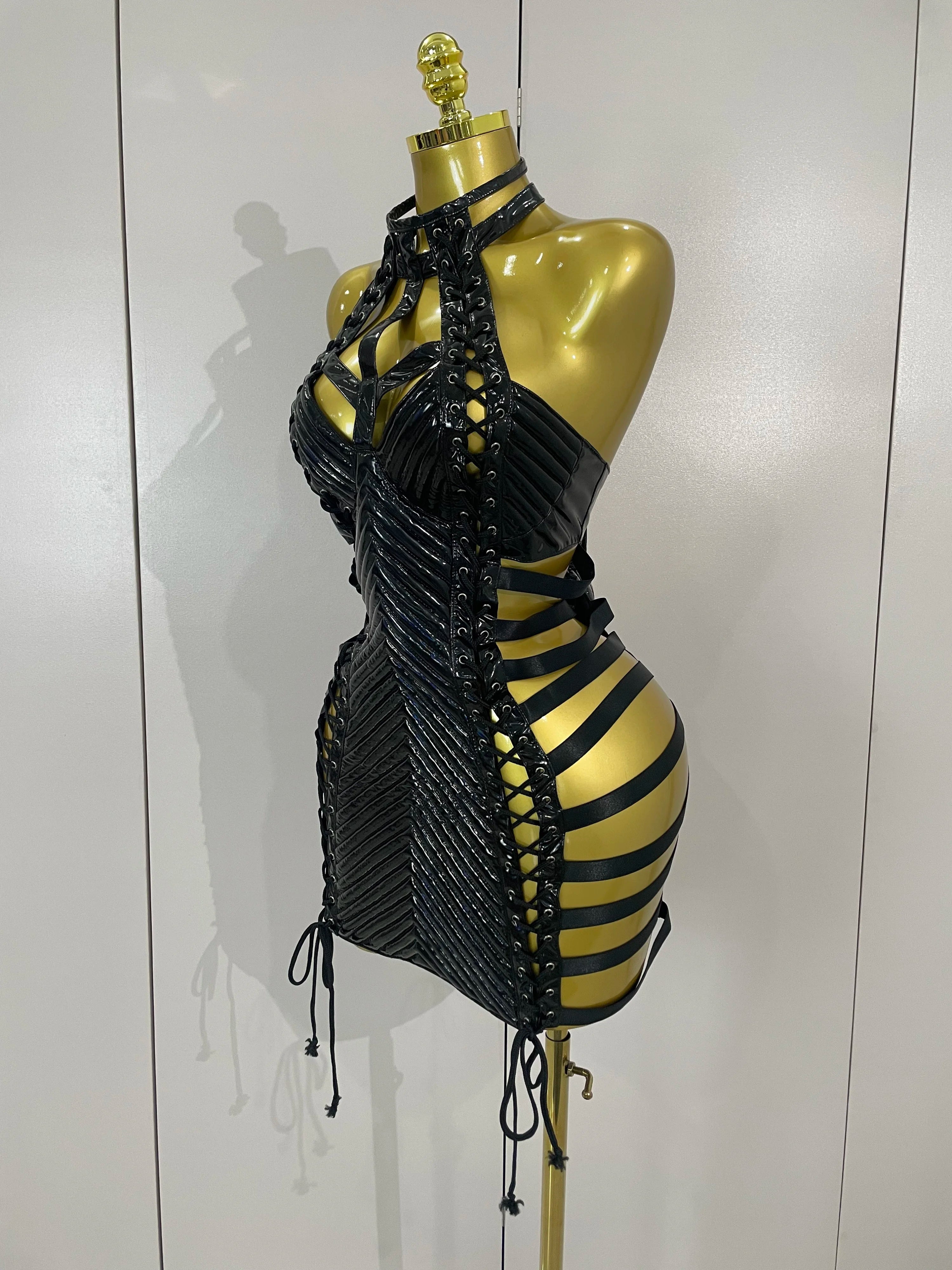 Sexy Black Leather Hollow Out Gothic Bandage Halter Short Dress Women Gogo Dance Singer Nightclub Bar Performance Stage Wear