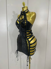 Sexy Black Leather Hollow Out Gothic Bandage Halter Short Dress Women Gogo Dance Singer Nightclub Bar Performance Stage Wear