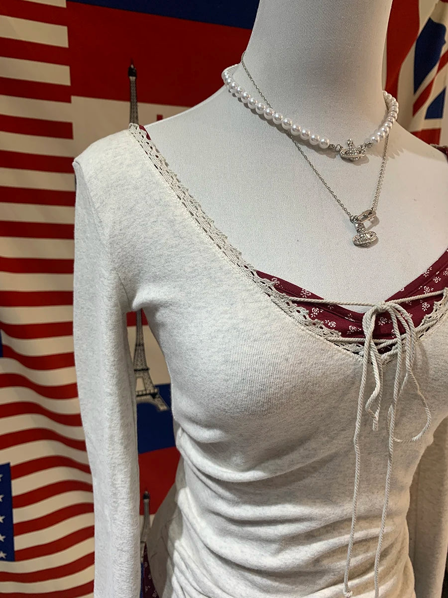 Bandage Lace Trim Long Sleeve T-shirt  Sexy V-neck Cotton Slim Tshirt Top Female Casual Simple Solid Elegant Woman's Tees