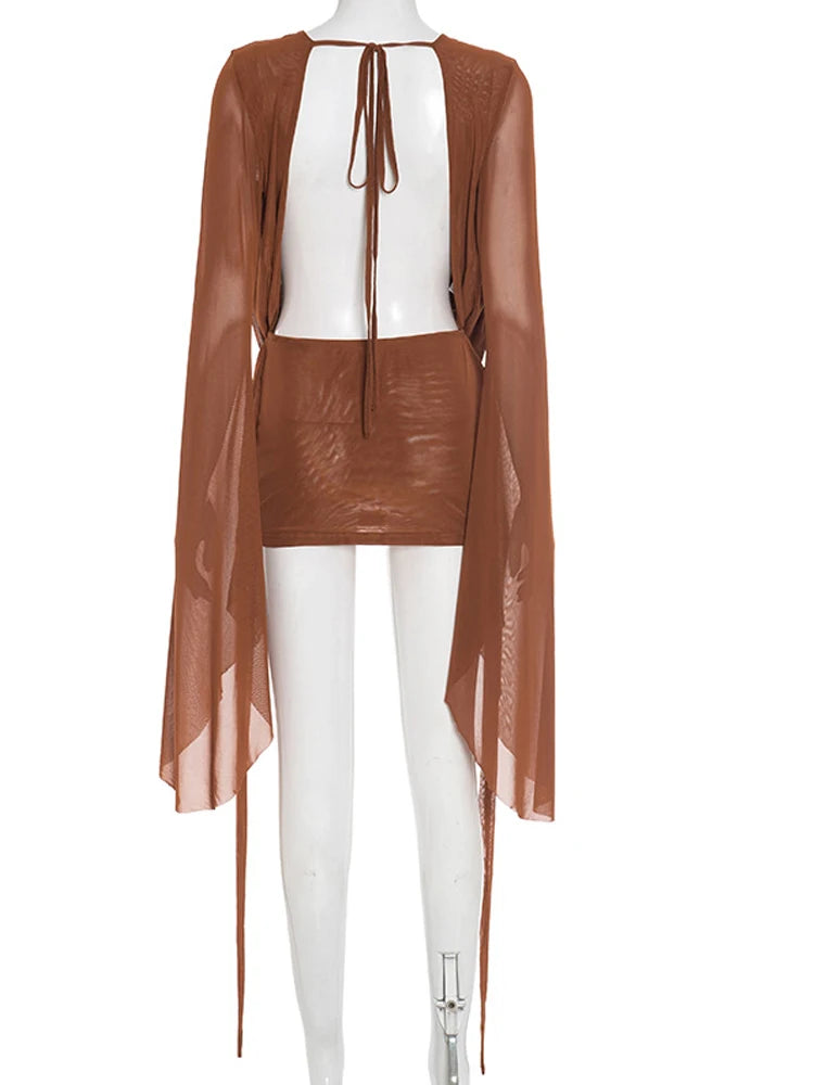 Beyprern Elegant Flare Sleeve V Neck Ruched Sheer Mesh Short Dress Pink Holiday Outfits Beach Cover-Up Dress Night Out Vestidos