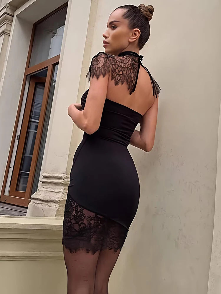 Lace Backless Sexy Mini Dress Women Gown Elegant See Through Turtleneck Sleeveless Bodycon Club Party Dresses Female