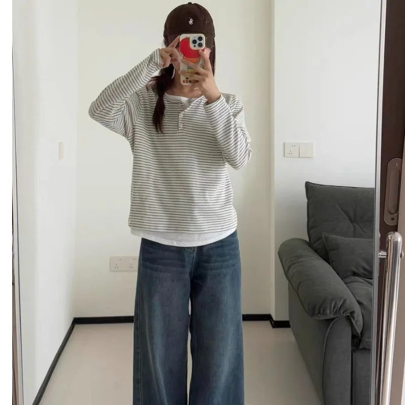 Vintage Women Fake Two Piece Top O-neck Stripe Button Long Sleeve T-shirt Spring Autumn Casual Loose Base Layer Shirt Versatile
