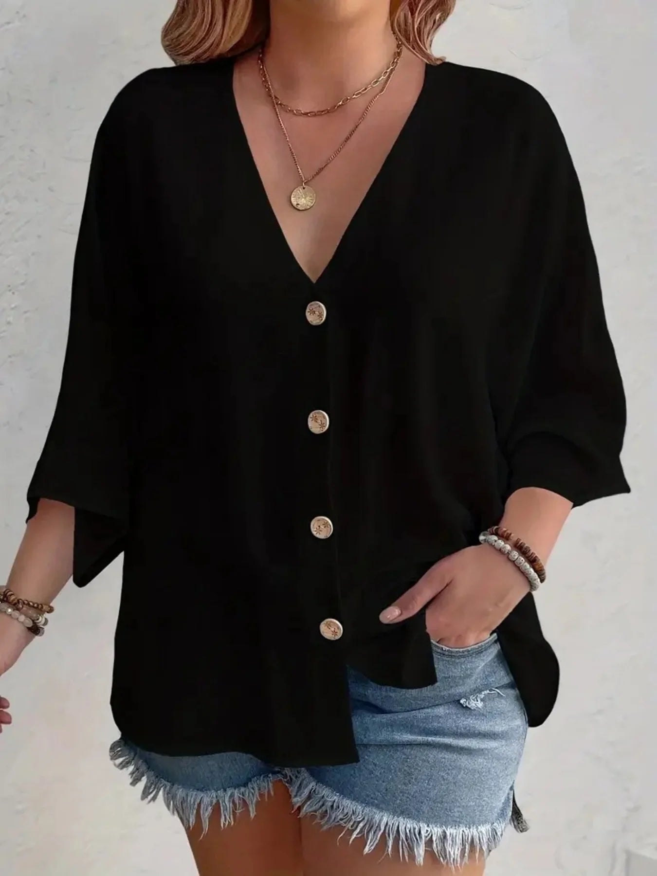 Plus Size 2025 New Fashion Women's Tops Loose V-Neck Long Sleeve T-Shirt Spring Summer Elegant Solid Color Casual Blouse