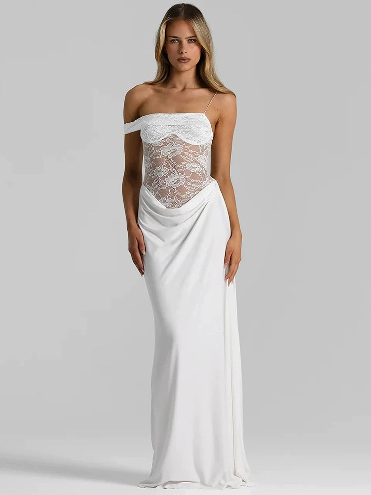 Mozision One Shoulder Lace See Through Sexy Maxi Dress Women Gown Fashion Off-shoulder Sleeveless Backless Club Long Dresses