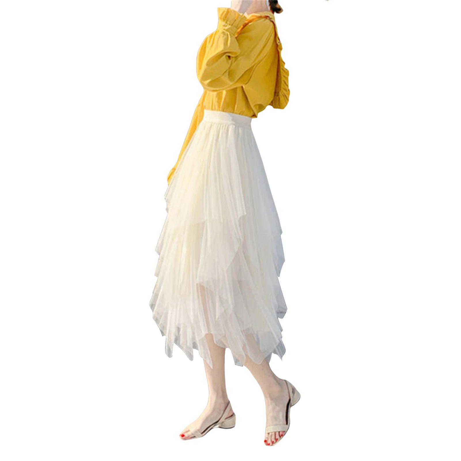 New Fairycore Lady ´s Fashionable Sexy Solid Color Mesh Skirt, Irregular Elastic Tulle Bubble Skirt, Daily Life and Vacation