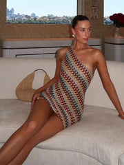 Irregular Printed Knitted Mini Dress For Women Chic Backless Slanted Shoulder Slim Fit Dresses 2025 Summer Holiday Beach Robes